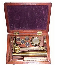 Cary-Gould type case-mounted microscope with inclination